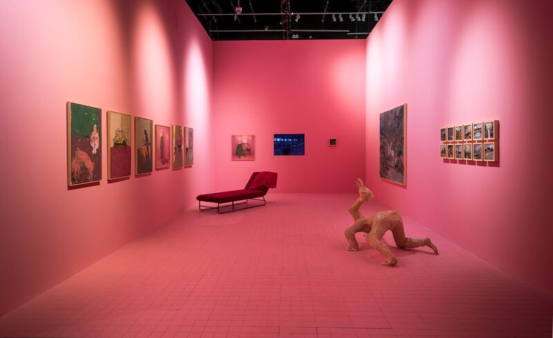 Abdalla's immersive room includes sculptures and video documentation of performances by the artist. Photo: Abu Dhabi Art