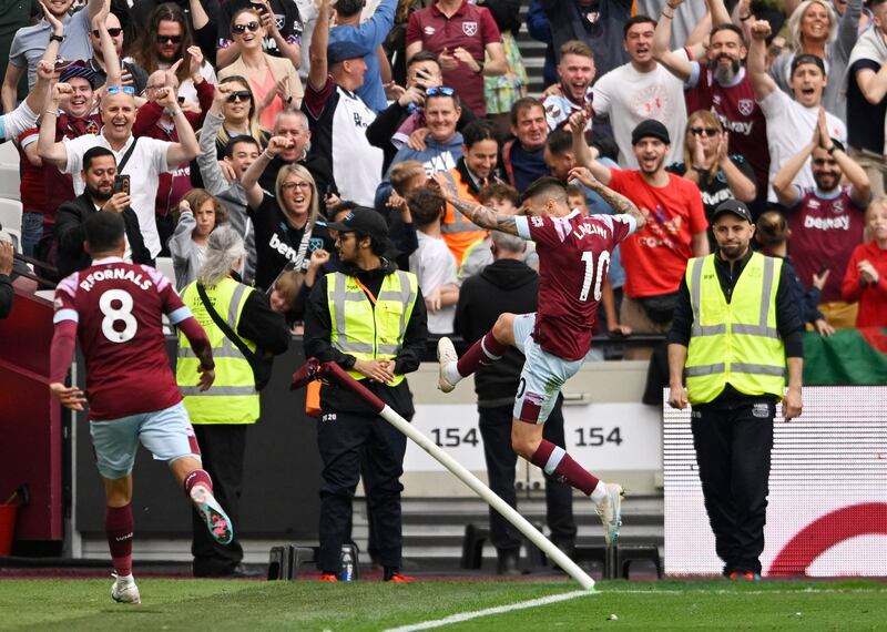 West Ham's Manuel Lanzini celebrates after scoring their third goal. Reuters