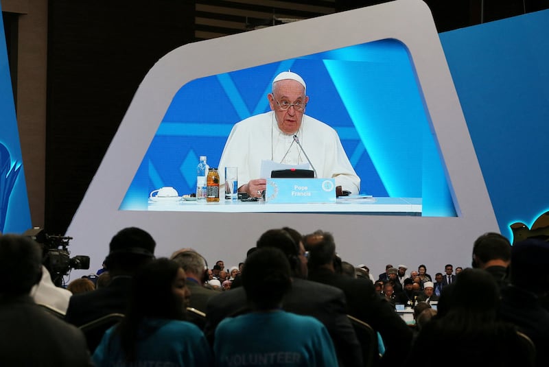 The Pope at the Seventh Congress of Leaders of World and Traditional Religions at the Palace of Independence in Nur-Sultan, Kazakhstan. Reuters