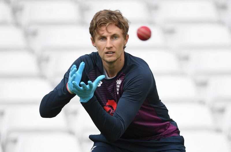 NOTTINGHAM, ENGLAND - JUNE 16: England captain Joe Root takes part in a fielding drill wearing rubber gloves during a training session at Trent Bridge on June 16, 2020 in Nottingham, England. (Photo by Gareth Copley/Getty Images)