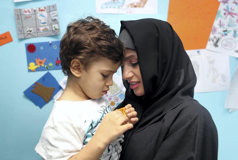 Fujairah, United Arab Emirates - April 5th, 2018: Zahia bin Zayed and her son 3-year-old Mohamed Hedi, at the Dimensions Centre which helps kids with special needs. Thursday, April 5th, 2018 at Dimensions Centre, Fujairah. Chris Whiteoak / The National