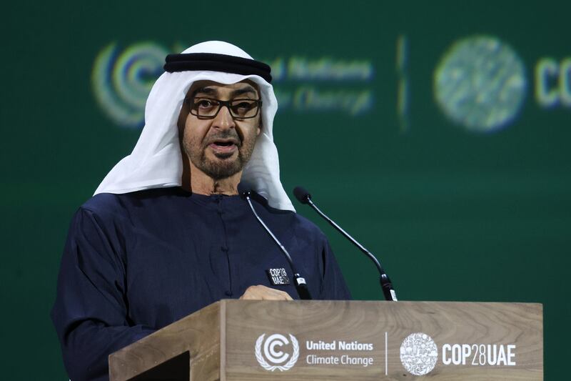 President Sheikh Mohamed bin Zayed of the UAE at the opening ceremony of the World Climate Action Summit at Cop28. PA