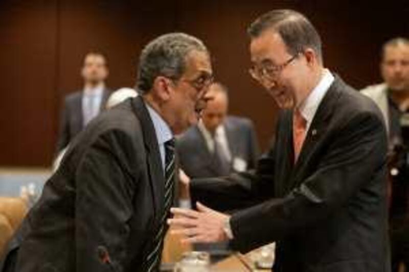 Amr Moussa, left, Arab League Secretary-General, talks with  U.N. Secretary-General Ban Ki-moon before the start of a meeting of Arab Foreign Ministers Committee on Palestine,  Monday, Jan. 5, 2009 at United Nations headquarters.  (AP Photo/Mary Altaffer) *** Local Caption ***  UNMA113_UN_MIDEAST_ISRAELI_PALESTINIANS.jpg