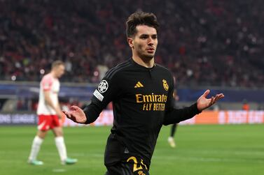 LEIPZIG, GERMANY - FEBRUARY 13: Brahim Diaz of Real Madrid celebrates scoring his team's first goal during the UEFA Champions League 2023/24 round of 16 first leg match between RB Leipzig and Real Madrid CF at Red Bull Arena on February 13, 2024 in Leipzig, Germany. (Photo by Alexander Hassenstein / Getty Images)