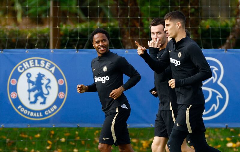 Chelsea's Raheem Sterling, Ben Chilwell and Kai Havertz during training. Reuters