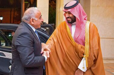 Saudi Crown Prince Mohammed bin Salman, right, shaking hands with Iraqi Prime Minister Adel Abdel Mahdi during a reception for the latter in the Saudi Red Sea coastal city of Jeddah. AFP