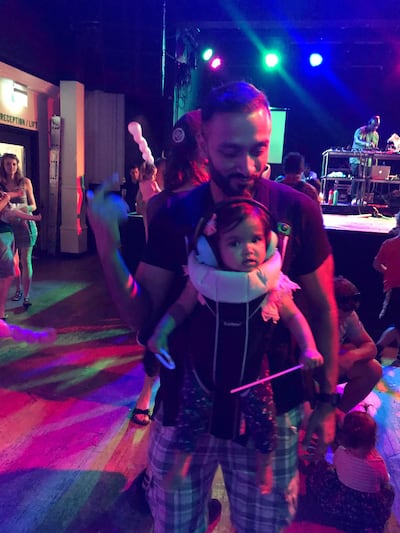 Party Monsters co-founder Vip Patel and his daughter Keira at a family-friendly rave. Courtesy Party Monsters