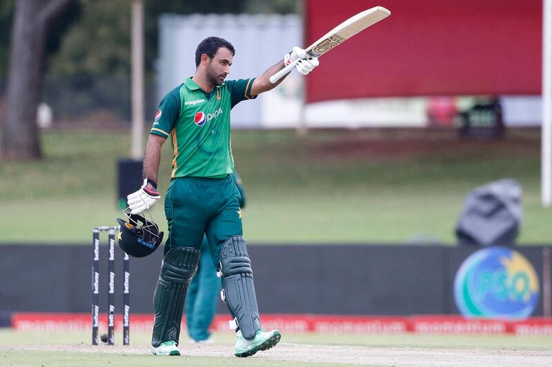 Pakistan's Fakhar Zaman celebrates after reaching his century. AFP