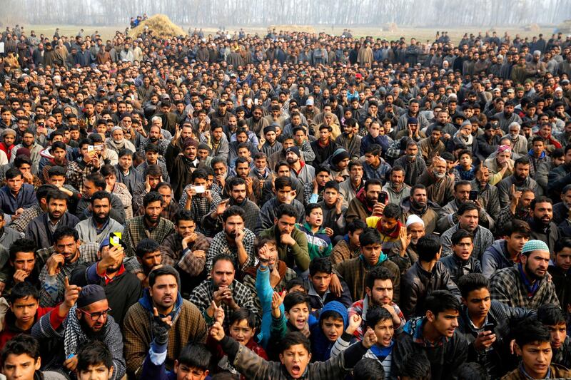 epa07184503 Kashmiri Muslims shout slogans as they attend the funeral procession of slain militant Shahid Bashir at village Kawani some 40 kilomters south of Srinagar, the summer capital of Indian Kashmir, 23 November 2018.
According to reports, Senior Lashkar-E-Toiba commander Azad Ahmed Malik was killed along with five other militants during a gunfight at Shalgund village of Dashnipora in Bijbehara area, south of Kashmir's Anantnag district.  EPA/FAROOQ KHAN