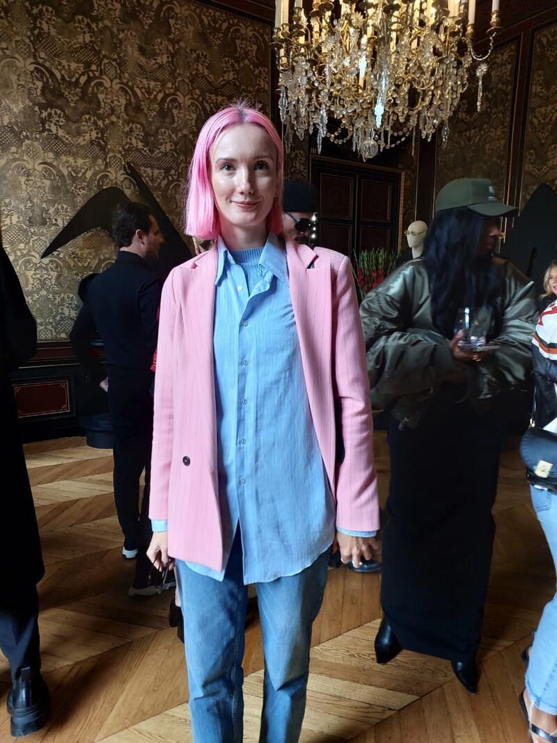 Matching the hair to the outfit at the Schiaparelli presentation.