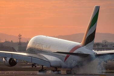 An Emirates Airbus A380 plane lands at Frankfurt Airport, Germany, 16 March 2020. Thorsten Wagner