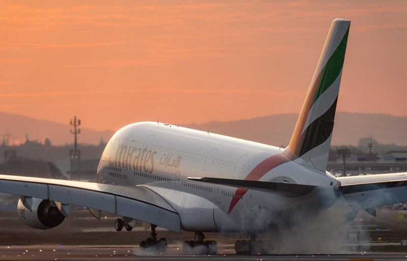 epa08299179 An Emirates Airbus A380 plane lands at Frankfurt Airport, Germany, 16 March 2020. Due to the SARS-CoV-2 coronavirus outbreak, a large number of flights have been cancelled. Germany has so far reported over 6,700 confirmed Covid-19 cases.  EPA/THORSTEN WAGNER