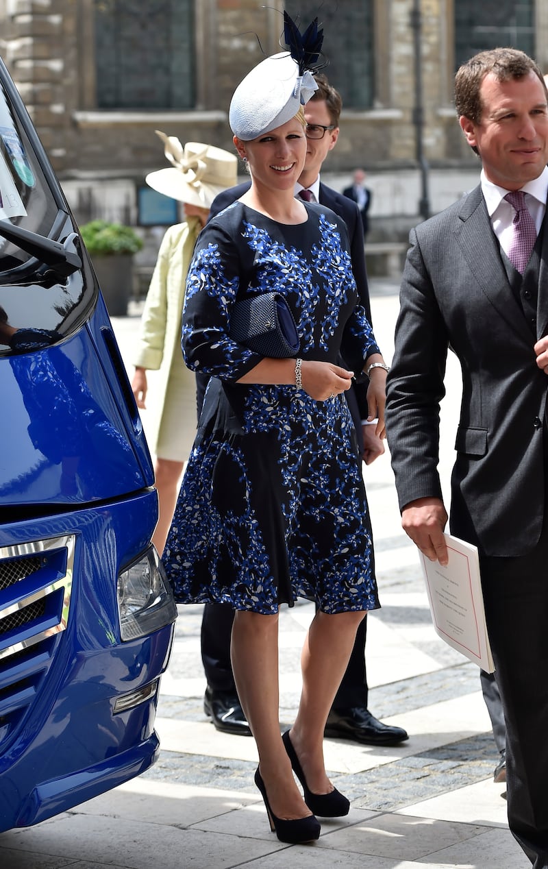 Zara Tindall, wearing a navy and blue floral dress, a service of Thanksgiving to celebrate Queen Elizabeth II's 90th birthday at St Paul's Cathedral on June 10, 2016. Getty Images