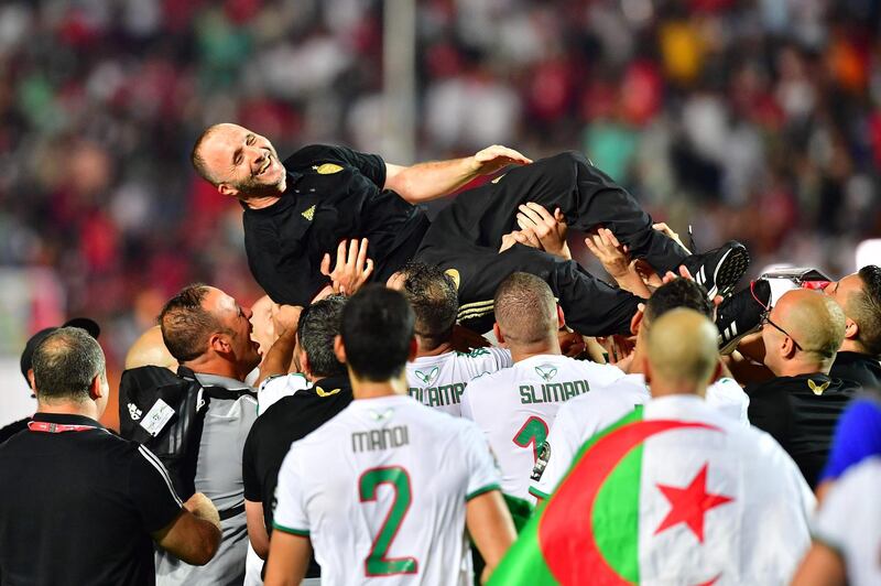 Algeria's coach Djamel Belmadi celebrates after winning the 2019 Africa Cup of Nations. AFP