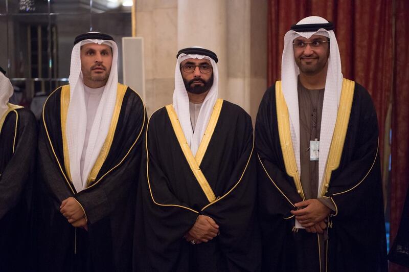 From left: Khaldoon Khalifa Al Mubarak, Chief Executive and Managing Director, Mubadala, and Chairman of the Abu Dhabi Executive Affairs Authority, Mohamed Ahmad Al Bowardi, Minister of State for Defence Affairs, and Dr Sultan Al Jaber, Minister of State, Chairman of Masdar and Chief Executive of Adnoc Group, at a dinner reception at Rashtrapati Bhavan. Mohamed Al Suwaidi / Crown Prince Court - Abu Dhabi