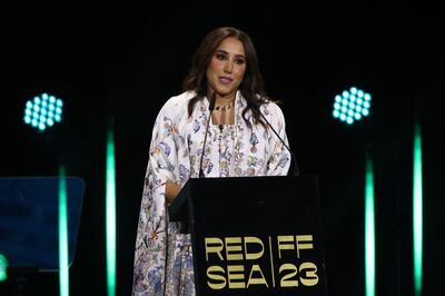 Chairwoman of the Red Sea International Film Festival Jomana Al-Rashid speaks on stage during the opening ceremony. Photo: Red Sea International Film Festival