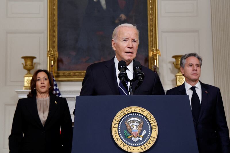 US President Joe Biden, accompanied by Vice President Kamala Harris and US Secretary of State Antony Blinken, speaks after Hamas's attacks in Israel on October 10. Reuters