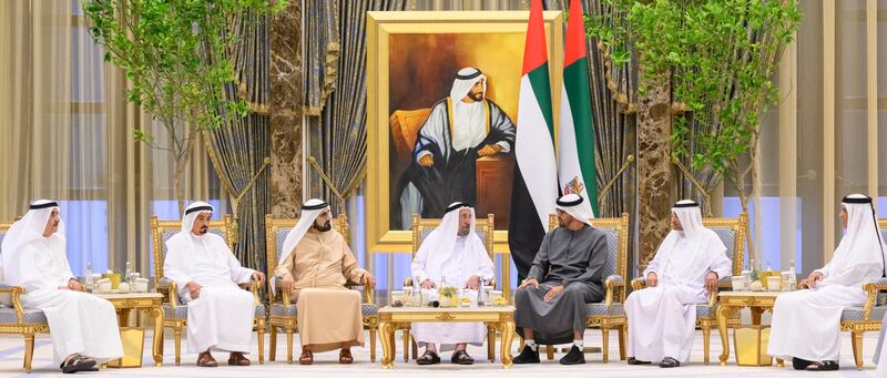 President Sheikh Mohamed exchanged Ramadan greetings with Sheikh Mohammed bin Rashid, Vice President and Ruler of Dubai; Sheikh Dr Sultan bin Muhammad Al Qasimi, Ruler of Sharjah; Sheikh Humaid bin Rashid Al Nuaimi, Ruler of Ajman; Sheikh Hamad bin Mohammed Al Sharqi, Ruler of Fujairah; Sheikh Saud bin Rashid Al Mualla, Ruler of Umm Al Quwain; and Sheikh Saud bin Saqr Al Qasimi, Ruler of Ras Al Khaimah. Photo: @MohamedBinZayed / Twitter