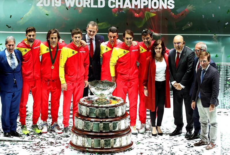 The Spanish team celebrate after beating Canada in the Davis Cup final. EPA