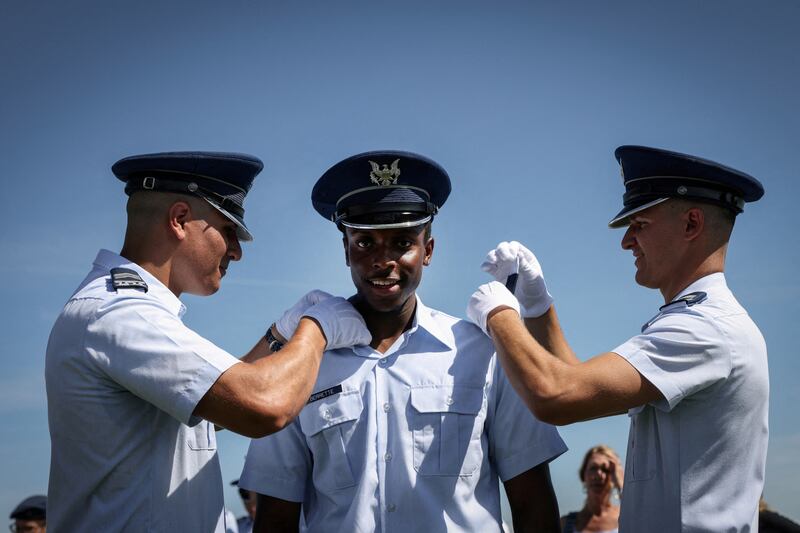 Marcus Berrette receives his rank, Cadet 4th Class, on Acceptance Day after completing training at the US Air Force Academy in Colorado Springs, Colorado. Reuters