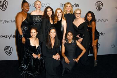 BEVERLY HILLS, CA - JANUARY 07: (Back L-R) Activist Tarana Burke, actor Michelle Williams, actor America Ferrera, actor Jessica Chastain, actor Amy Poehler, actor Meryl Streep, actor Kerry Washington (front, L-R) actor Natalie Portman, activist Ai-jen Poo, and activist Saru Jayaraman attend the 19th Annual Post-Golden Globes Party hosted by Warner Bros. Pictures and InStyle at The Beverly Hilton Hotel on January 7, 2018 in Beverly Hills, California.   Frazer Harrison/Getty Images/AFP