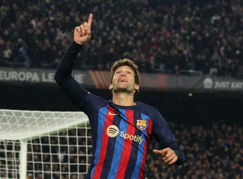 Marcos Alonso celebrates scoring for Barca. Reuters