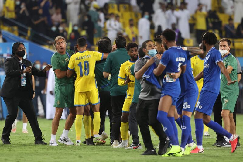 Tempers flare between Al Hilal and Al Nassr players. AFP