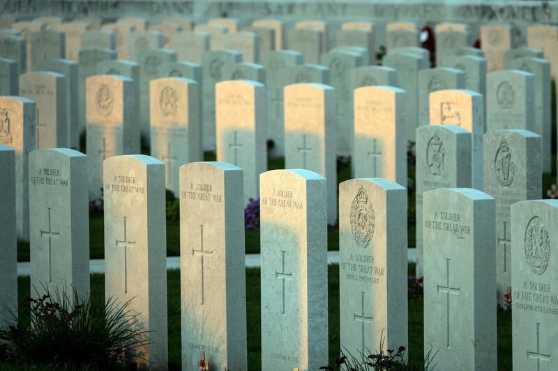 YPRES, BELGIUM - APRIL 18: Headstones of fallen soldiers from the First World War are seen at the Tyne Cot Cemetery, the largest Commonwealth War Graves Commission cemetery in the world on April 18, 2018 near Ypres, Belgium. It is now the resting place of more than 11,900 servicemen of the British Empire from the First World War many who fell nearby on the Passchendaele battlefields. (Photo by Matt Cardy/Getty Images)