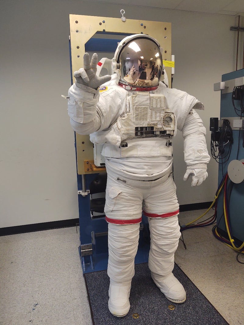 The Extravehicular Activity suit is worn during spacewalks outside of the International Space Station and for training at the world's largest indoor pool at the Johnson Space Centre in Houston, Texas. MBRSC