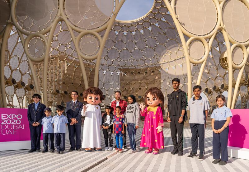 Expo 2020 ambassador Lionel Messi meets UAE school pupils at Al Wasl Plaza at the Expo 2020 Dubai site. Courtesy Expo 2020 Dubai