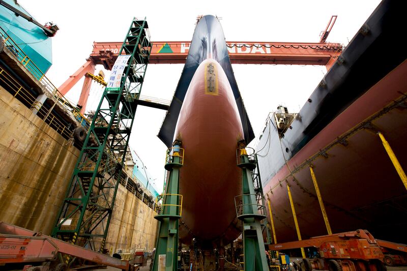 Ships under construction in the dry dock at the Hyundai Heavy Industries. Shipbuilding has been central to South Korea's economy since the 1970s.