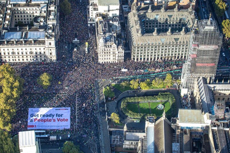 In this photo issued by the group Led By Donkeys of an aerial view of the anti-Brexit protest in Parliament Square, London on Saturday. AP