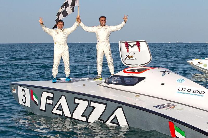 Nadir bin Hendi and Arif Al Zaffain of Fazza celebrate their victory in the Fujairah Grand Prix on Friday. Simon Palfrader / WPPA