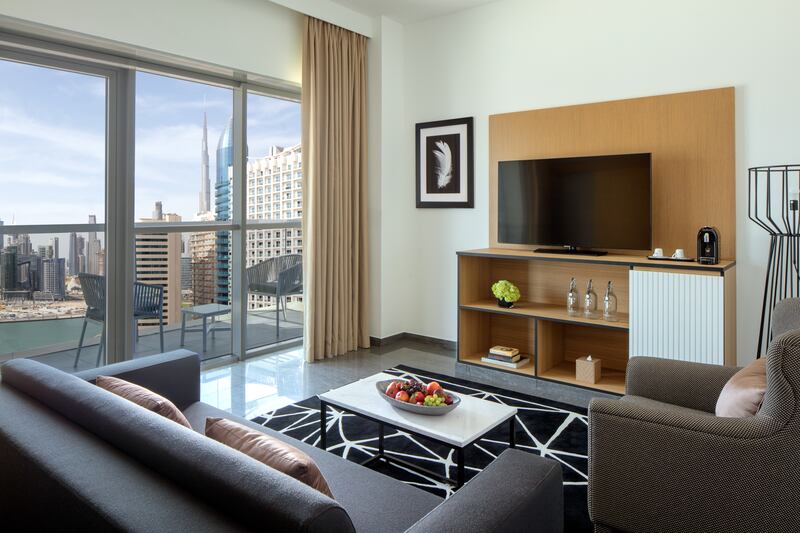 A number of rooms offer views of Burj Khalifa.
