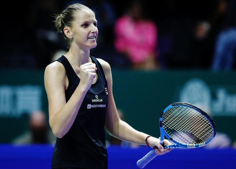 SINGAPORE - OCTOBER 25:  Karolina Pliskova of the Czech Republic reacts to a point in her singles match against Petra Kvitova of the Czech Republic during day 5 of the BNP Paribas WTA Finals Singapore presented by SC Global at Singapore Sports Hub on October 25, 2018 in Singapore.  (Photo by Clive Brunskill/Getty Images)