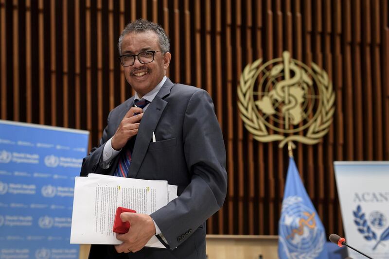 FILE PHOTO: World Health Organization (WHO) Director-General Tedros Adhanom Ghebreyesus leaves a news conference organized by Geneva Association of United Nations Correspondents (ACANU) amid the COVID-19 outbreak, caused by the novel coronavirus, at the WHO headquarters in Geneva Switzerland July 3, 2020. Fabrice Coffrini/Pool via REUTERS/File Photo