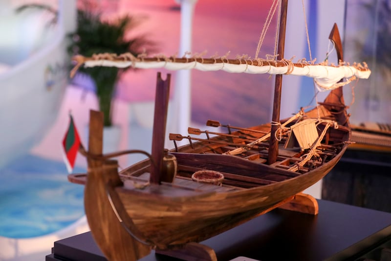 The masdhoani, a traditional Maldivian fishing vessel built with coconut wood, on show at the Maldives pavilion. Khushnum Bhandari / The National