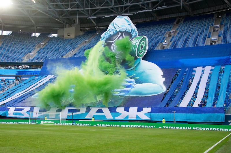 Zenit's fans unveil a Covid-19 tifo during the Russian Premier League match at the Gazprom Arena in St.Petersburg. Courtesy FC Zenit in English / @fczenit_en