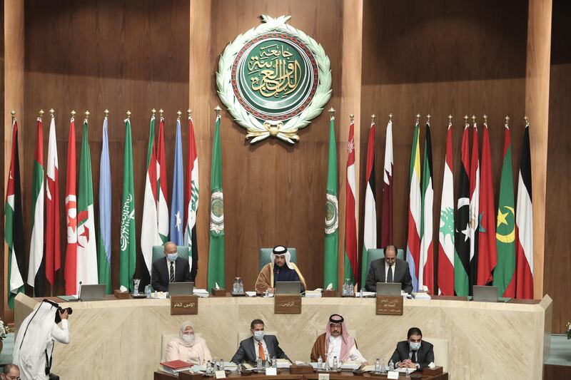 Secretary-General of the Arab League Ahmed Aboul Gheit (L) Qatari Deputy Prime Minister and Minister of Foreign Affairs Sheikh Mohammed bin Abdul Rahman Al Thani (C) and Assistant Secretary General responsible of the League's Council, Ambassador Hossam Zaki (R) attend  the 155th ordinary session at the Arab League headquarters in Cairo, Egypt. EPA