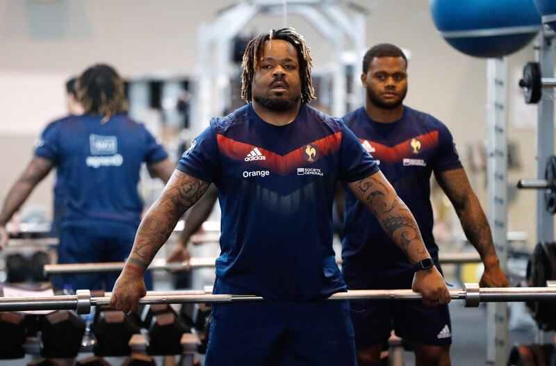 France rugby union national team centre Mathieu Bastareaud takes part in weight-lifting session, on March 13, 2018 in Marcoussis, as part of the team's preparation for the VI nations match against Wales.  / AFP PHOTO / PATRICK KOVARIK