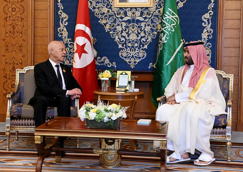 Tunisian President Kais Saied, left, with Saudi Crown Prince Mohammed bin Salman. AP