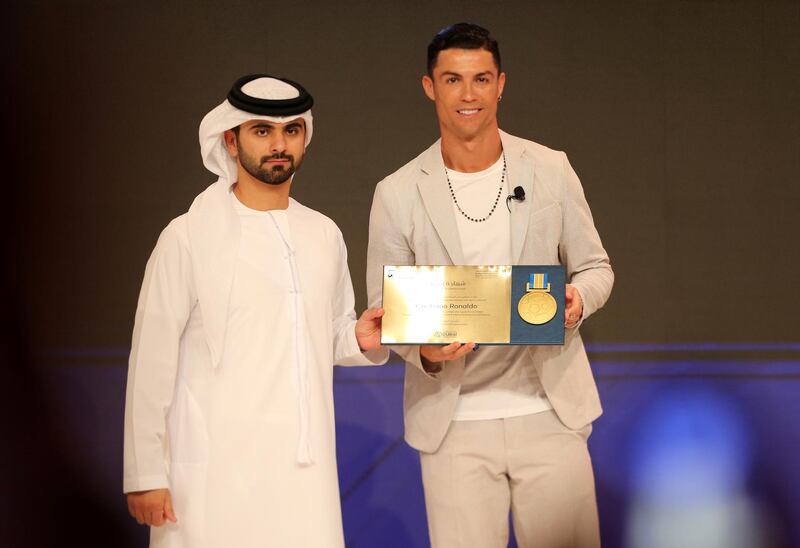 Ronaldo was presented with an award by Sheikh Mansoor Bin Mohammed during the panel. Reuters