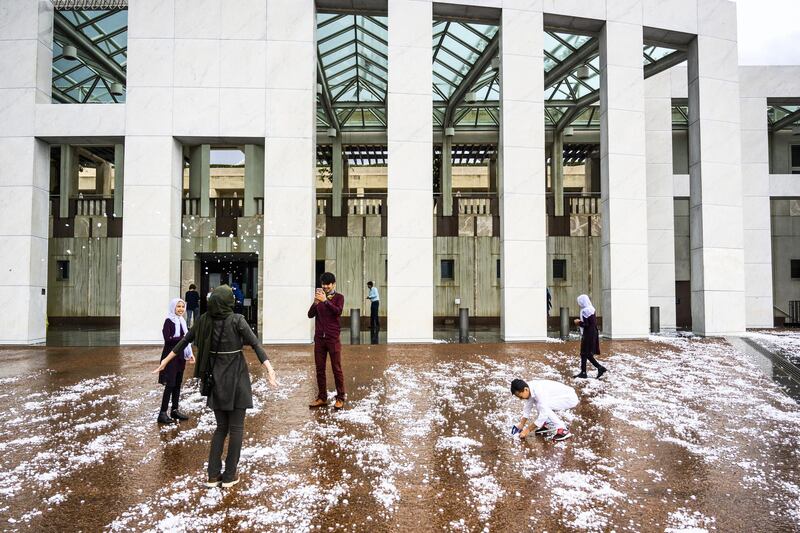 Golf ball-sized hail is shown at Parliament House in Canberra, Australia. Getty Images