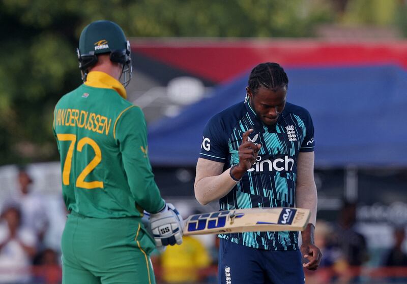 Jofra Archer celebrates taking the wicket of Rassie van der Dussen. Reuters