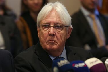 UN Special Envoy to Yemen Martin Griffiths looks on during a meeting with members of the Houthi delegation and representatives of the Government of Yemen in Jordan in February. EPA