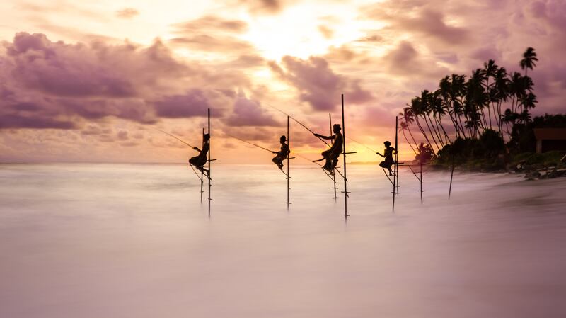 Gold award winner in the People and Nature category: Traditional stilt fishermen try their luck at sunset in Sri Lanka, taken by Pavlos Evangelidis