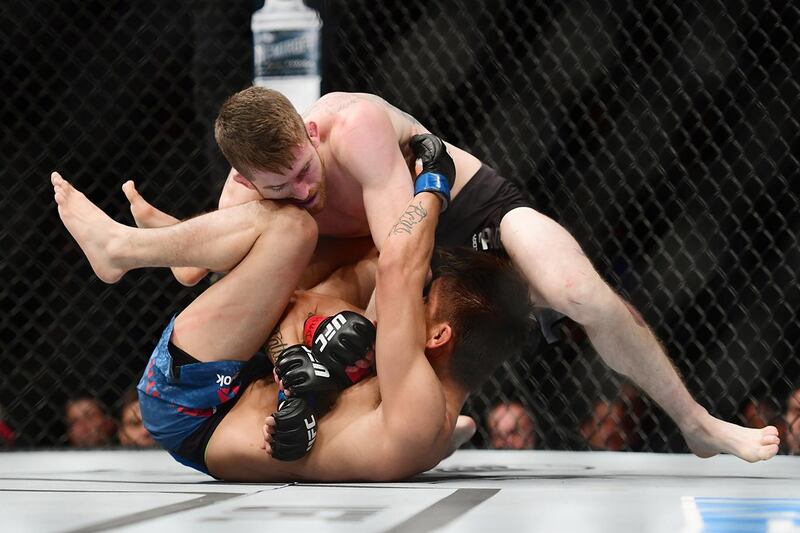 NEW YORK, NEW YORK - JANUARY 19: Cory Sandhagen fights against Mario Bautista during their bantamweights fight at UFC Fight Night at Barclays Center on January 19, 2019 in New York City.   Sarah Stier/Getty Images/AFP