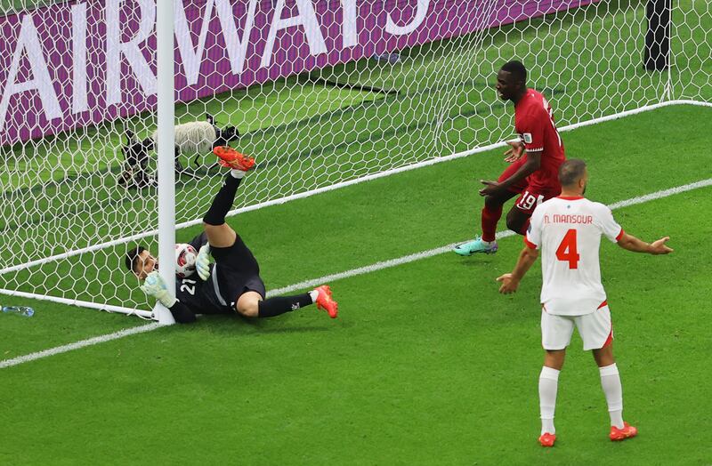 Qatar's Almoez Ali scores the second goal against Lebanon. Reuters