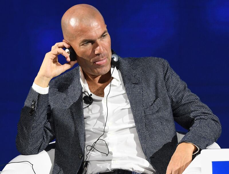 Real Madrid's French coach Zinedine Zidane speaks during Dubai Artificial Intelligence in Sports (DAIS) Conference, in the United Arab Emirates on October 14, 2019. / AFP / KARIM SAHIB
