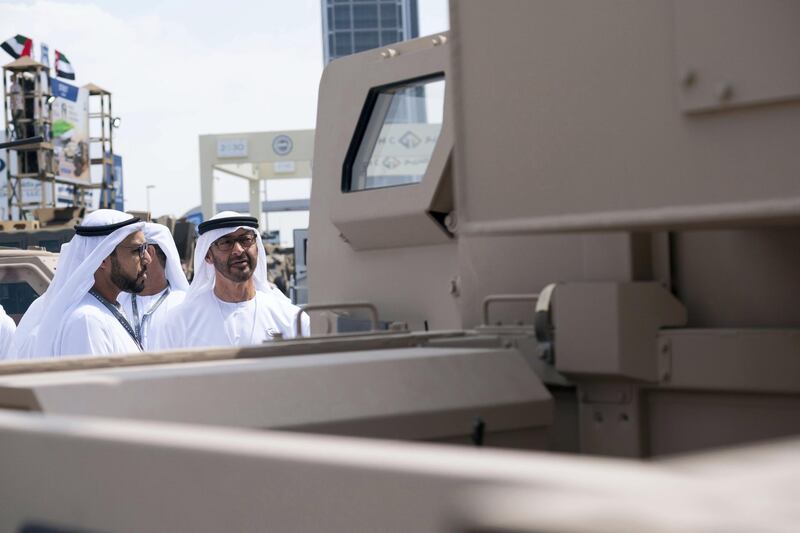 ABU DHABI, UNITED ARAB EMIRATES - February 21, 2019: HH Sheikh Mohamed bin Zayed Al Nahyan, Crown Prince of Abu Dhabi and Deputy Supreme Commander of the UAE Armed Forces (R), tours the 2019 International Defence Exhibition and Conference (IDEX), at Abu Dhabi National Exhibition Centre (ADNEC). 

( Ryan Carter for the Ministry of Presidential Affairs )
---